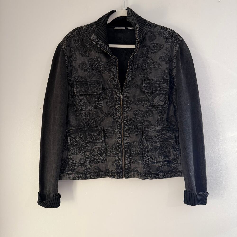 Vintage Chico's 100% Cotton Floral Embroidered Zip Up Knit Sleeve Jacket Size 3